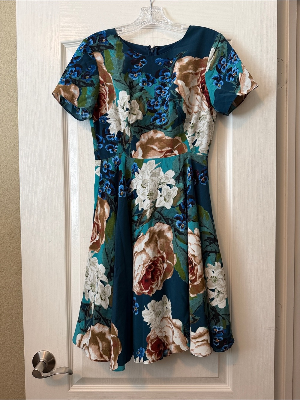 Anthropologie Teal Floral Fit-and-Flare Dress